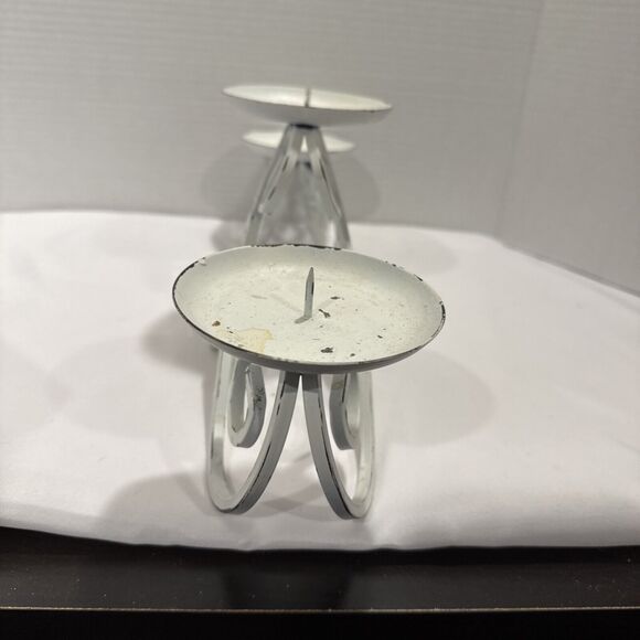 3 Pillar Candle Holder White Distressed Wrought Iron, Shabby Chic French Country - Picture 3 of 9